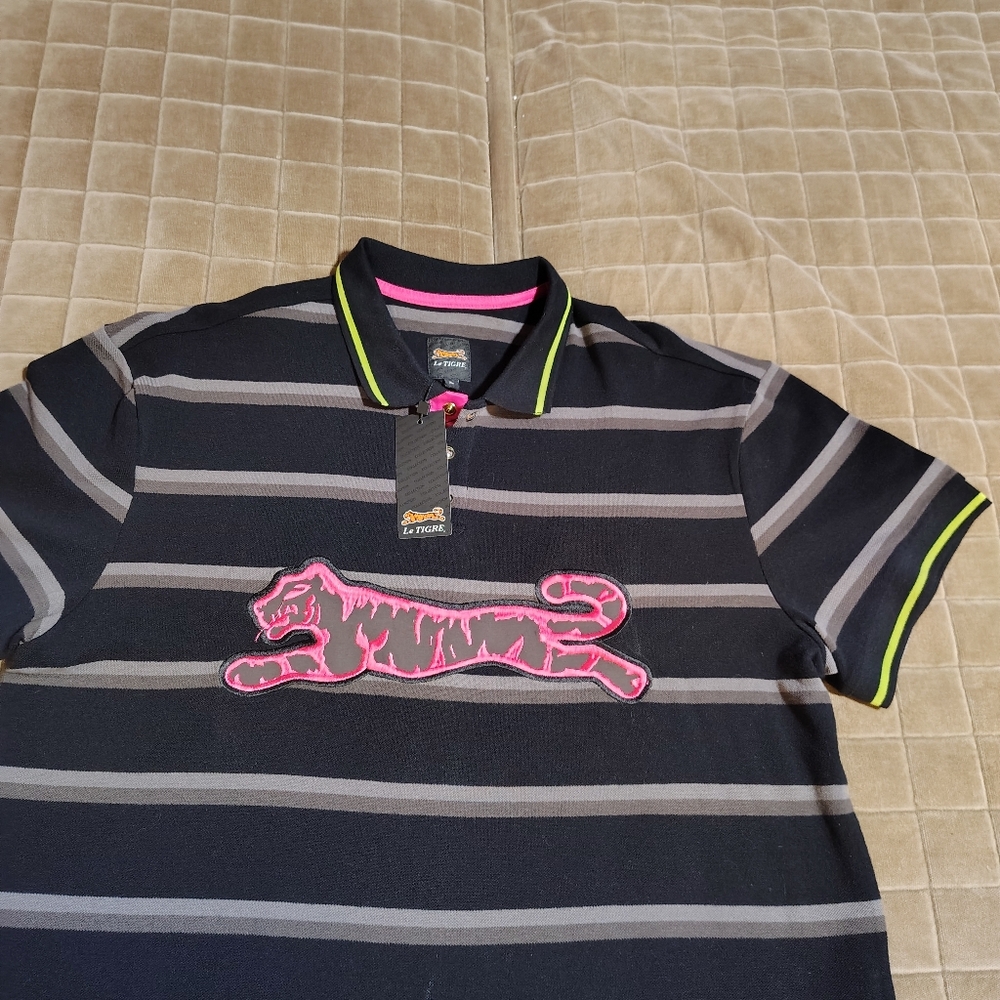 Le Tigre Black & Gray Striped Polo with Neon Trim and Pink Tiger